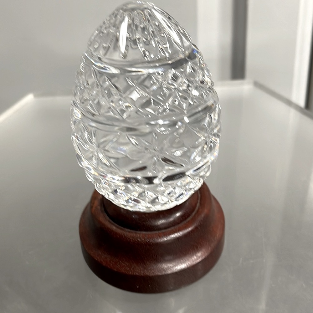 Waterford Crystal Egg Paperweight on Wooden Base, Pristine Condition